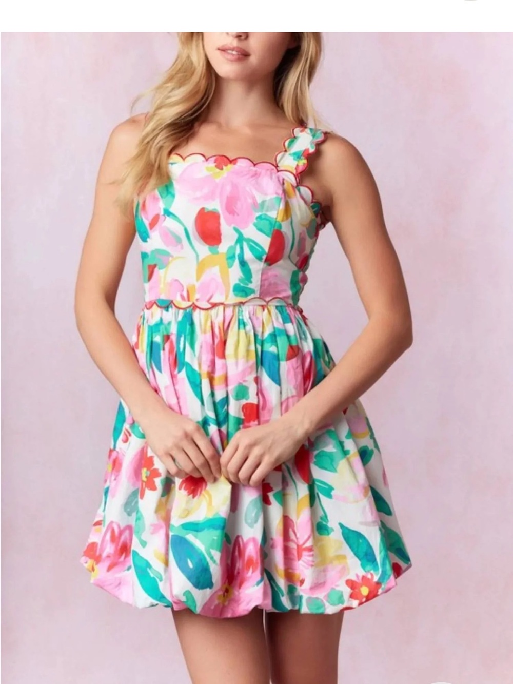 Peach Love Cali Girls' Pink Floral Scallop Bubble Hem Mini Dress